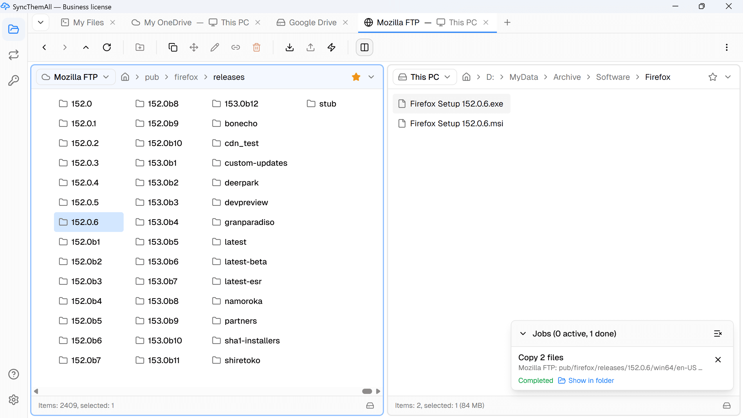 SyncThemAll's two-pane view — a cloud remote on each side
