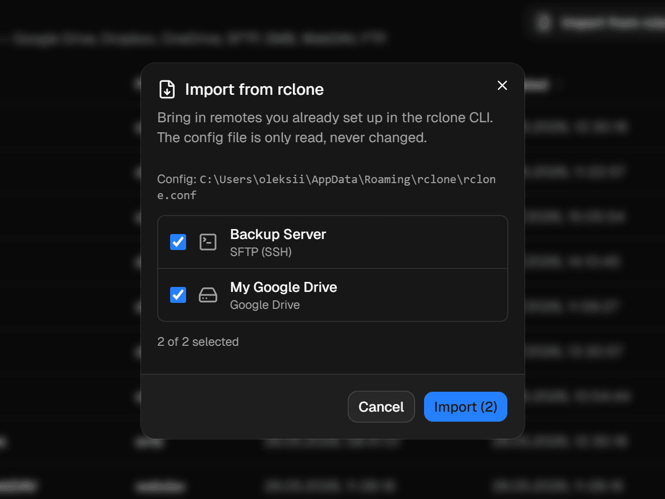 Import remotes from an existing rclone.conf