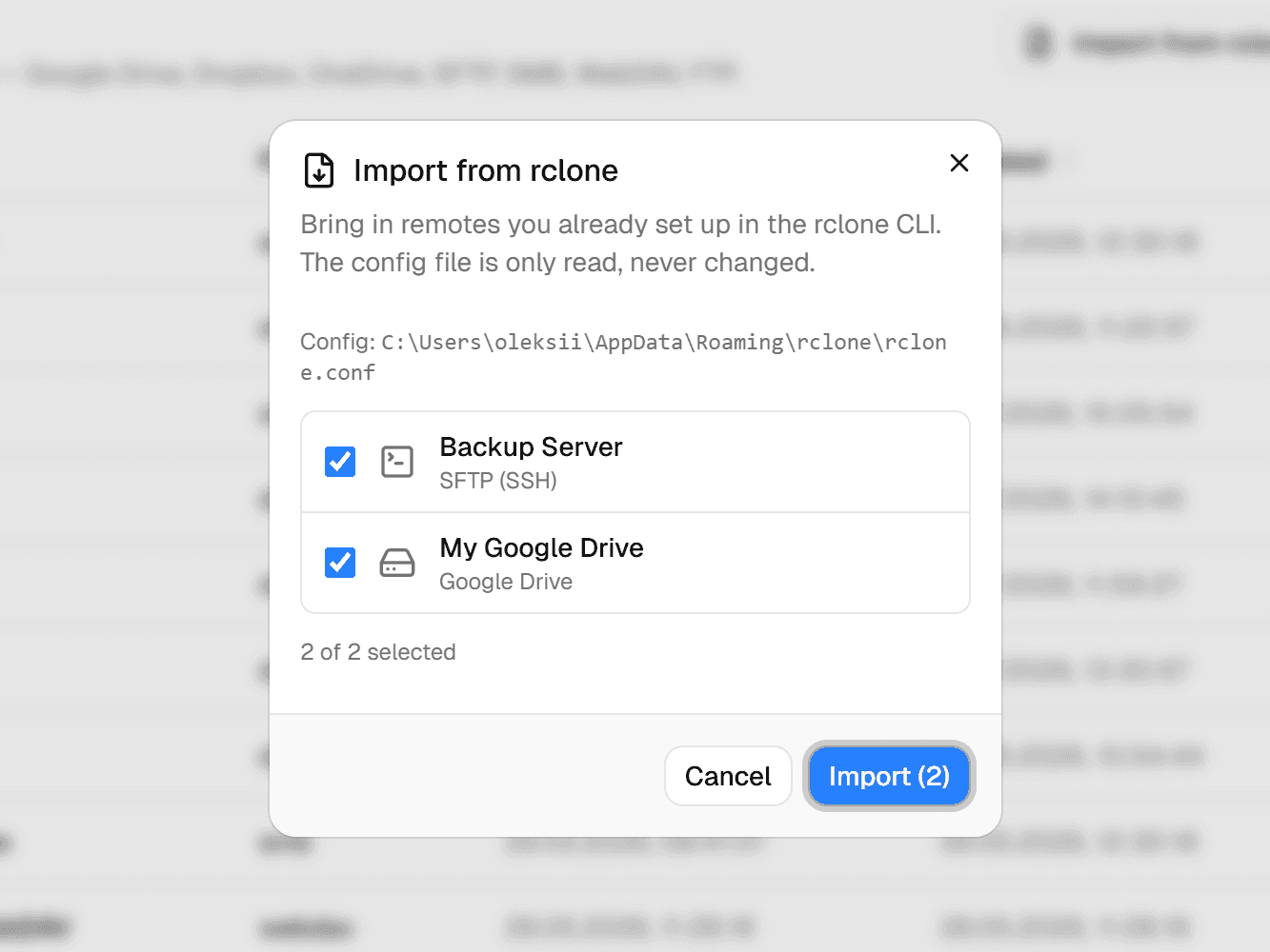 Import remotes from an existing rclone.conf
