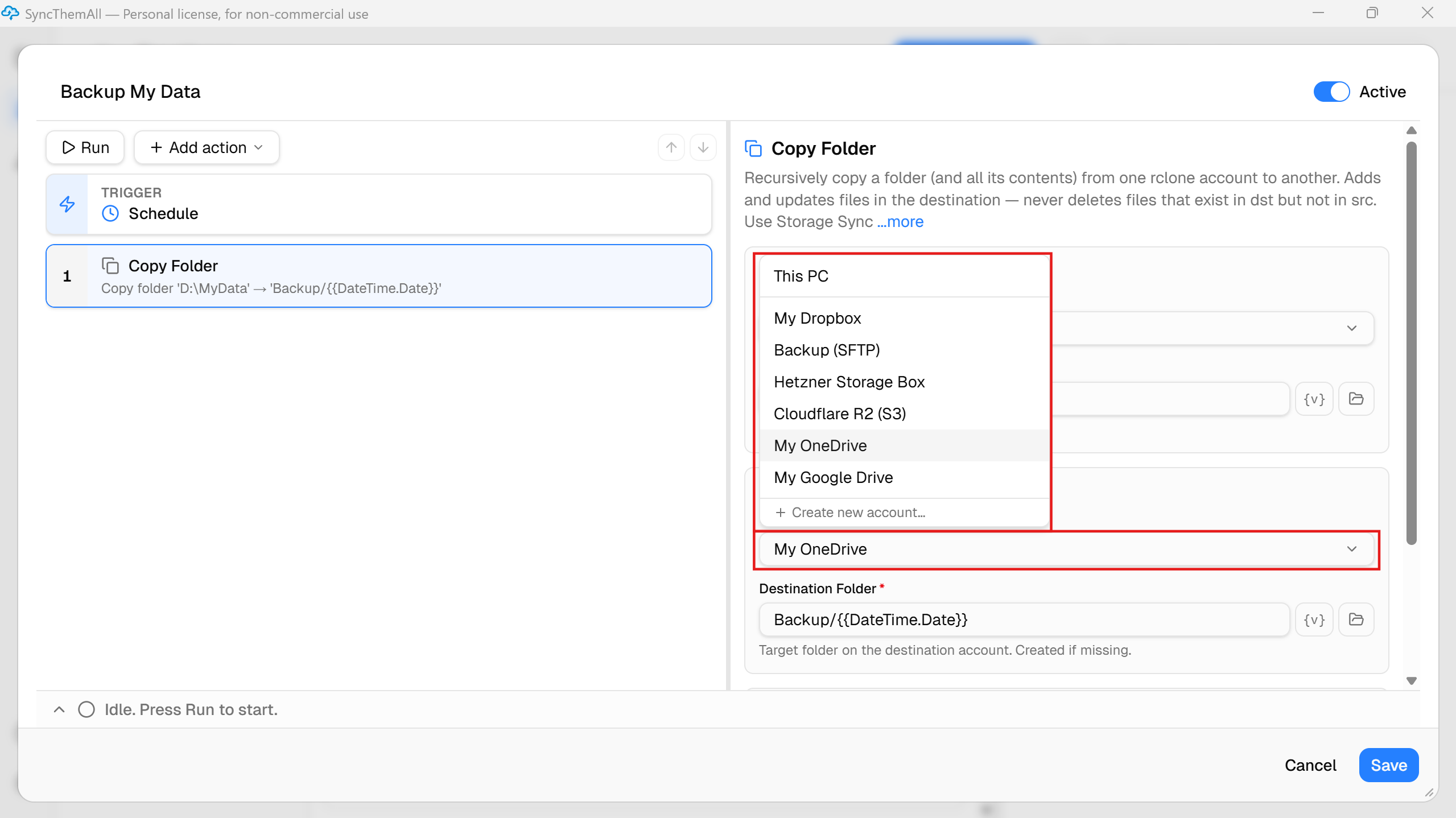 SyncThemAll destination account dropdown listing connected storage accounts — Dropbox, SFTP, Hetzner Storage Box, Cloudflare R2 (S3), OneDrive and Google Drive — with an option to add a new account
