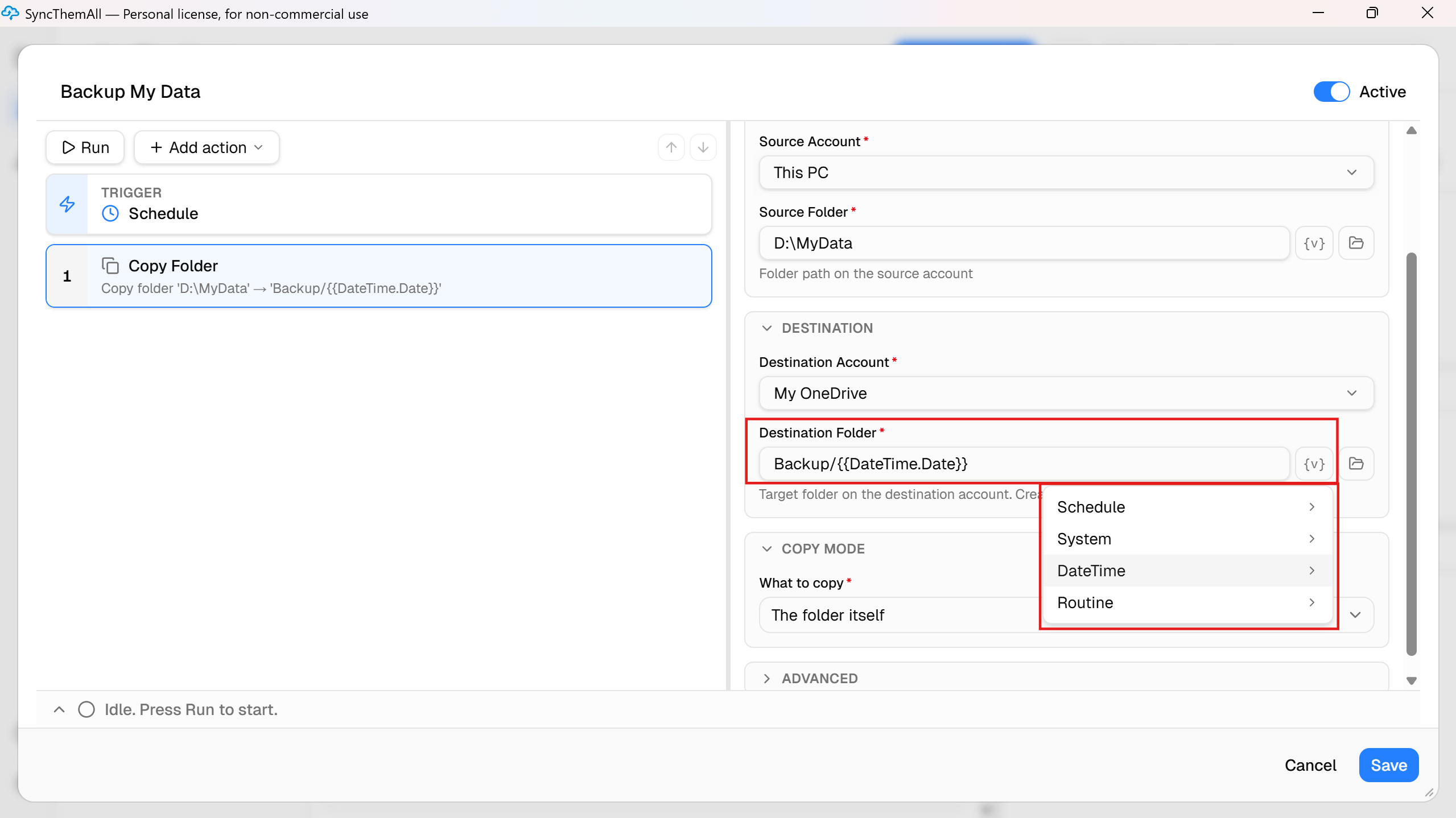 SyncThemAll routine editor: the Destination Folder field and the variable button, with the DateTime menu open to insert the current date into the backup path
